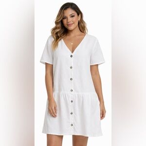 Stradivarius Linen Cotton Blend Button Front Mini Dress Preppy Summer White M
